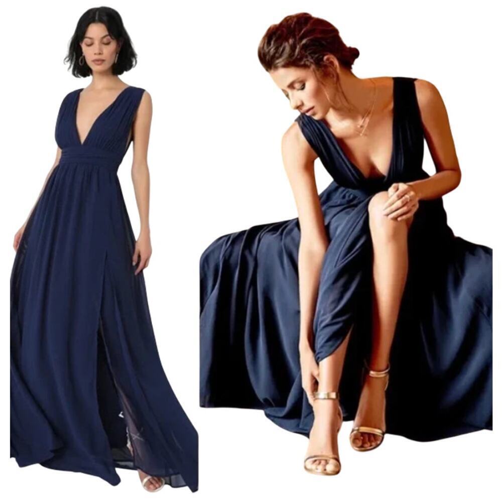 Lulus New Heavenly Hues‎ Navy Maxi Dress Sleeveless V-Neck Chiffon Size L #2